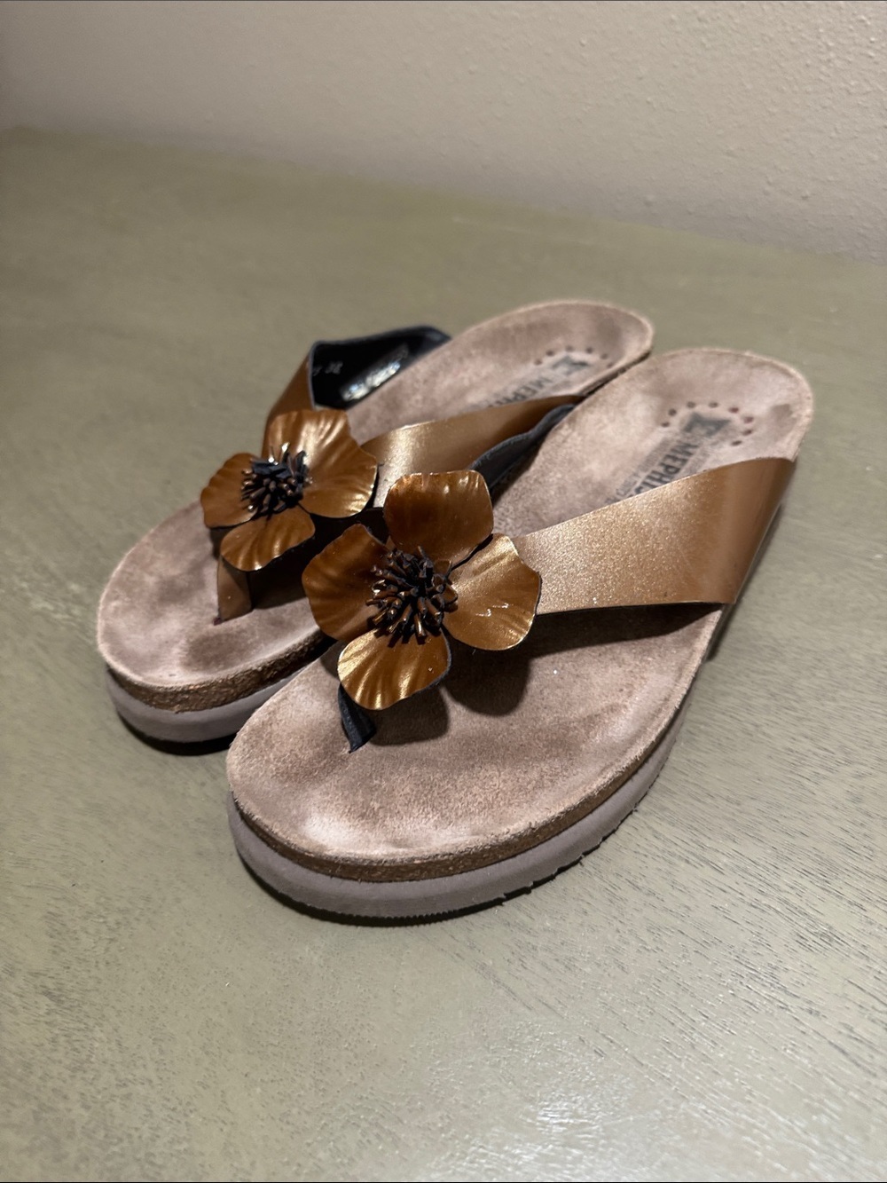 Mephisto Bronze Metallic Flower Toe-Post Wedge Mules size 38